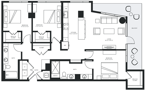 Floor plan for 3 beds, 2 baths, 1470 sqft